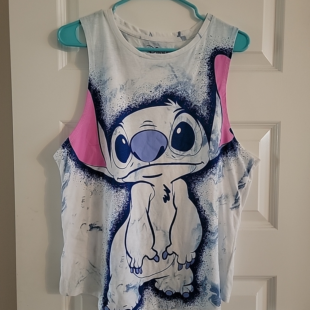 Disney Stitch Womens White Blue Tank Top Crew Neck Sleeveless Pullover L/G 11/13